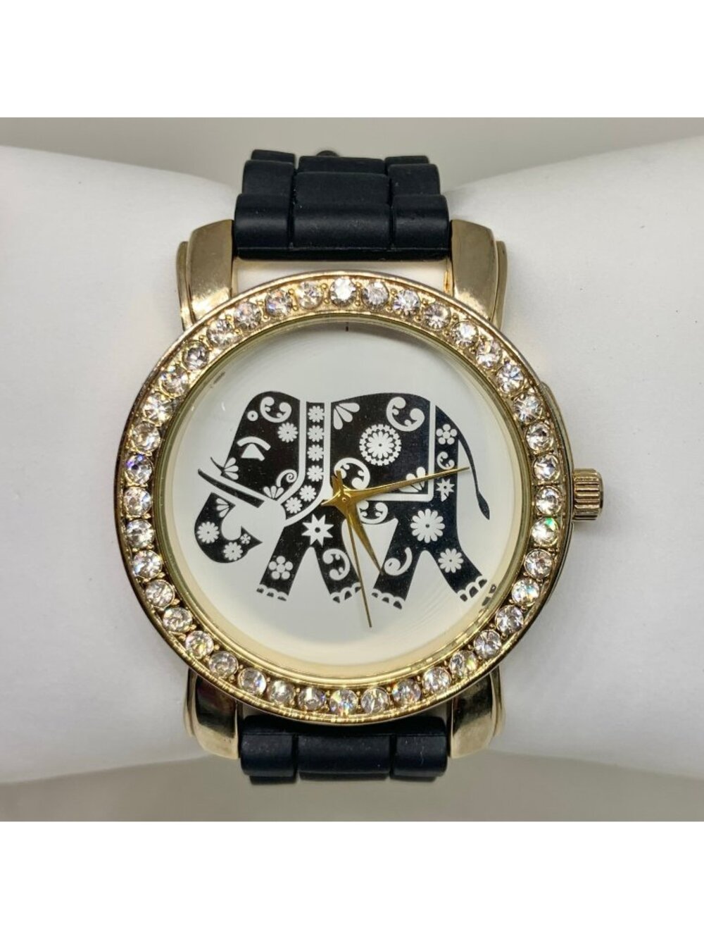Gold tone Elephant dial women watch rhinestones 43mm quartz black band running